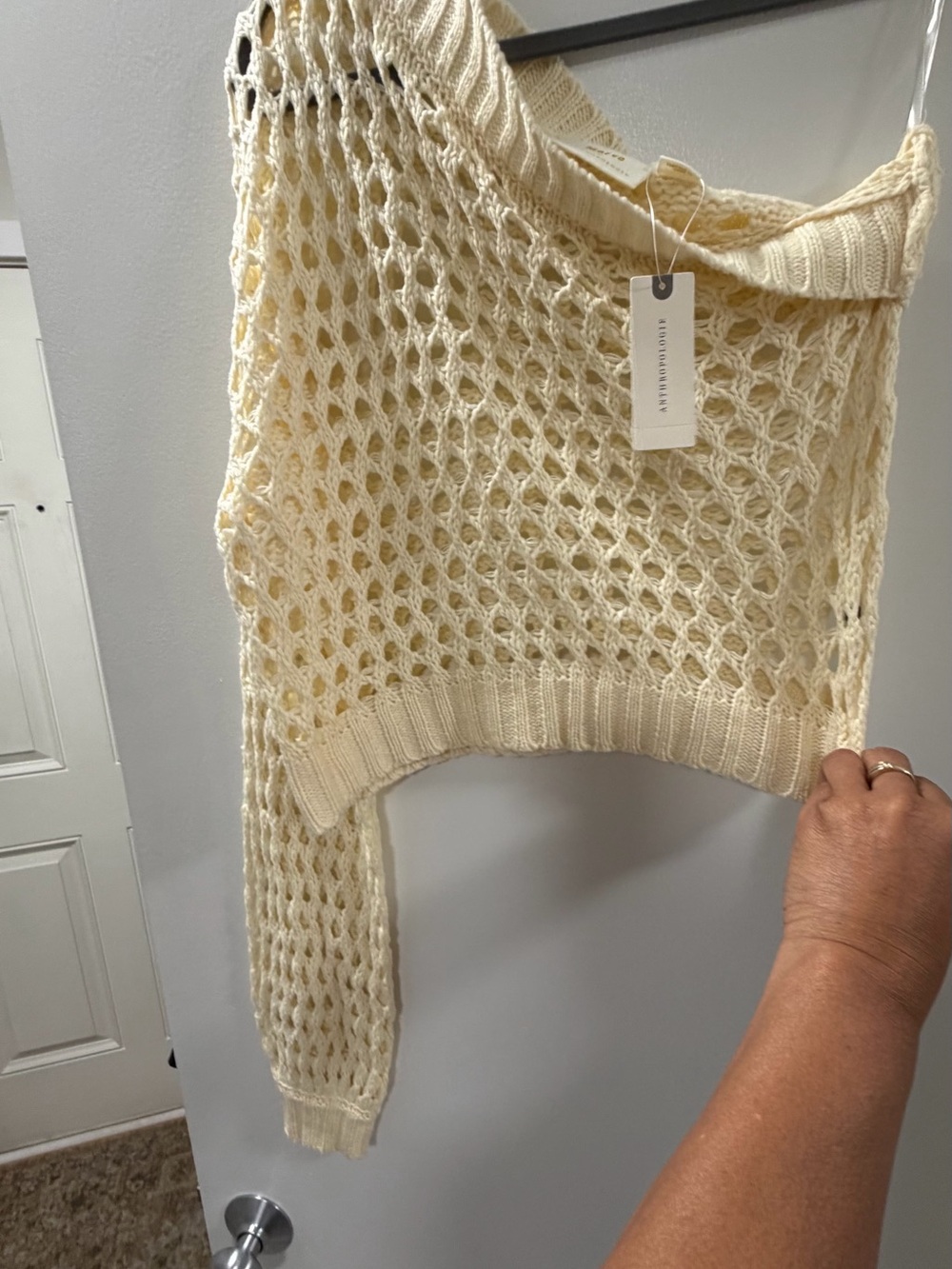 Anthropologie Cream Open-Weave Off-the-Shoulder Sweater